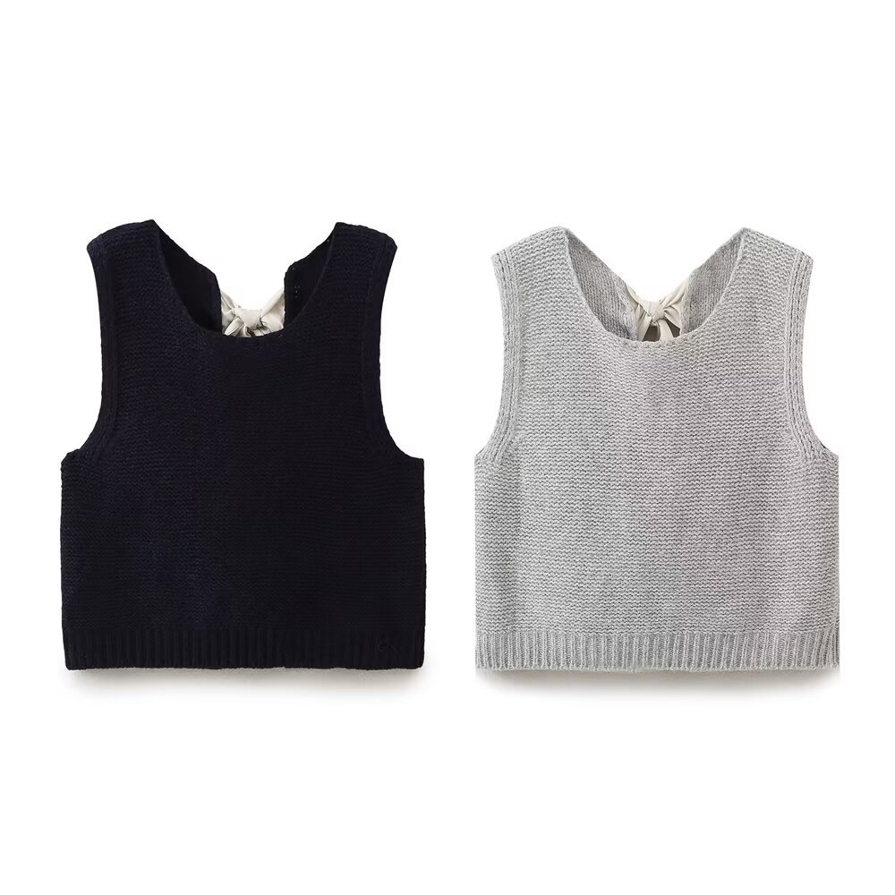 European and American 2024 Autumn New French Sweet Bow Decoration Sleeveless Knitted Vest Tops Wholesale