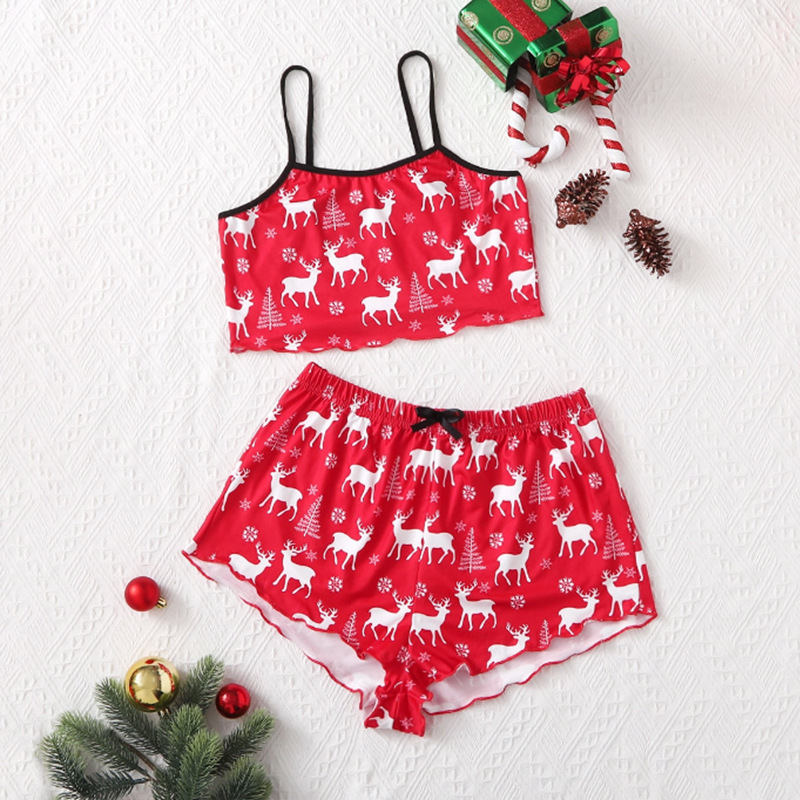 Foreign trade summer sexy women's Christmas pajamas camisole shorts snowflake deer home wear two-piece suit