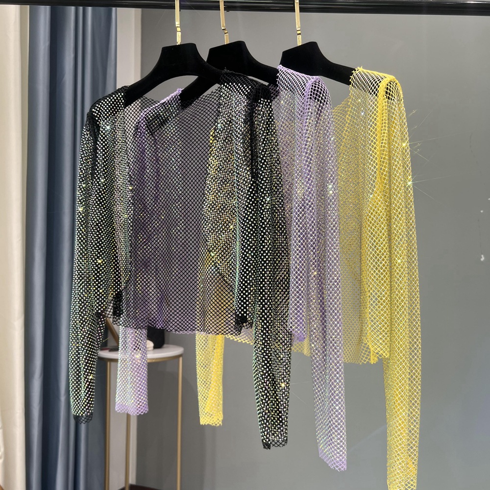 Summer Sexy Colored Diamond Thin Women's Half-cut Top Mesh Outer Sunscreen Long Sleeve Waistcoat Sparkling Party Collocation