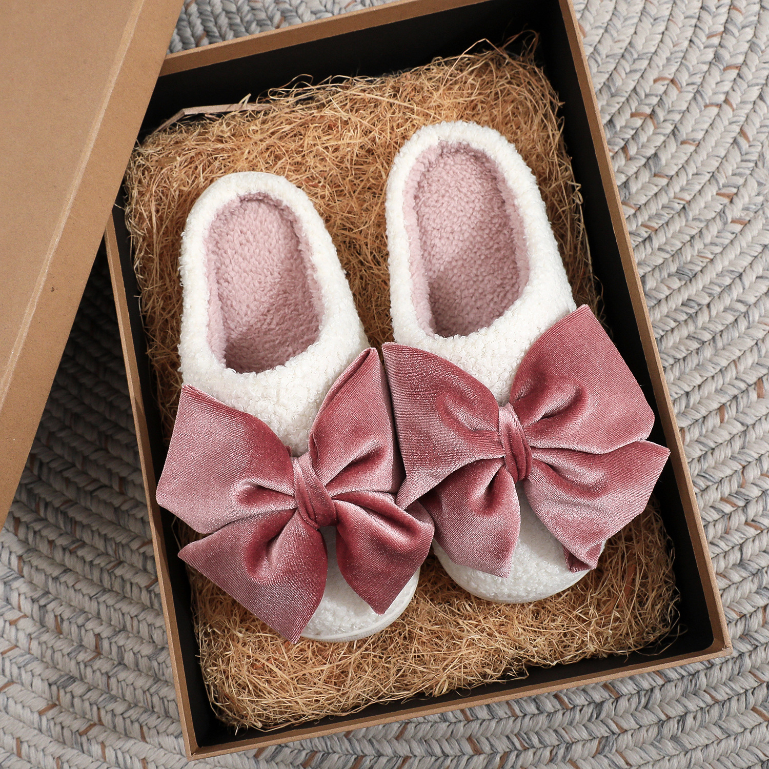 Cross-border cotton slippers, winter 2025 new indoor furry slippers, home non-slip warm bow cotton slippers for women