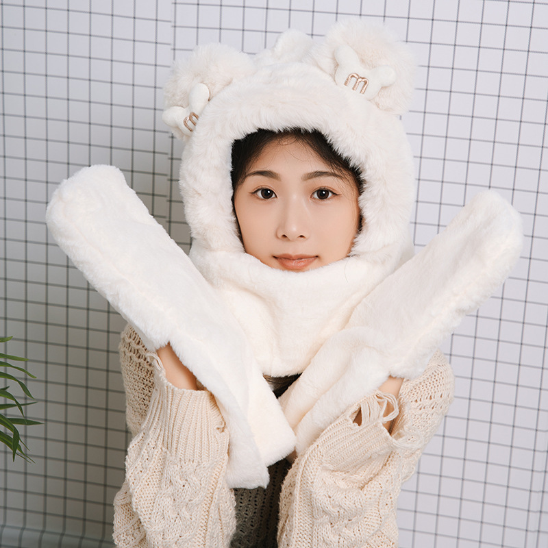Picture of New Bear Hat Winter Hat Cute Warm Thickened Scarf Integrated Ear Protection Hat Three-Piece Set Cycling Cold Protection Hat