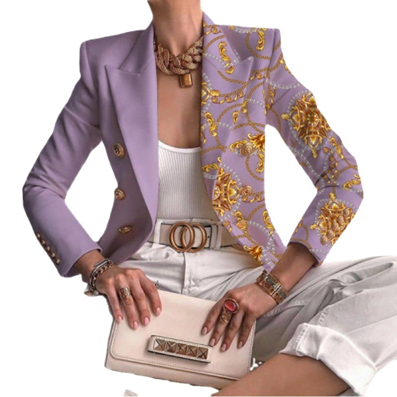 2023 European and American New Women's Coat Autumn and Winter Printed Small Suit Slim-fit Fashion Short Double-breasted Top for Women