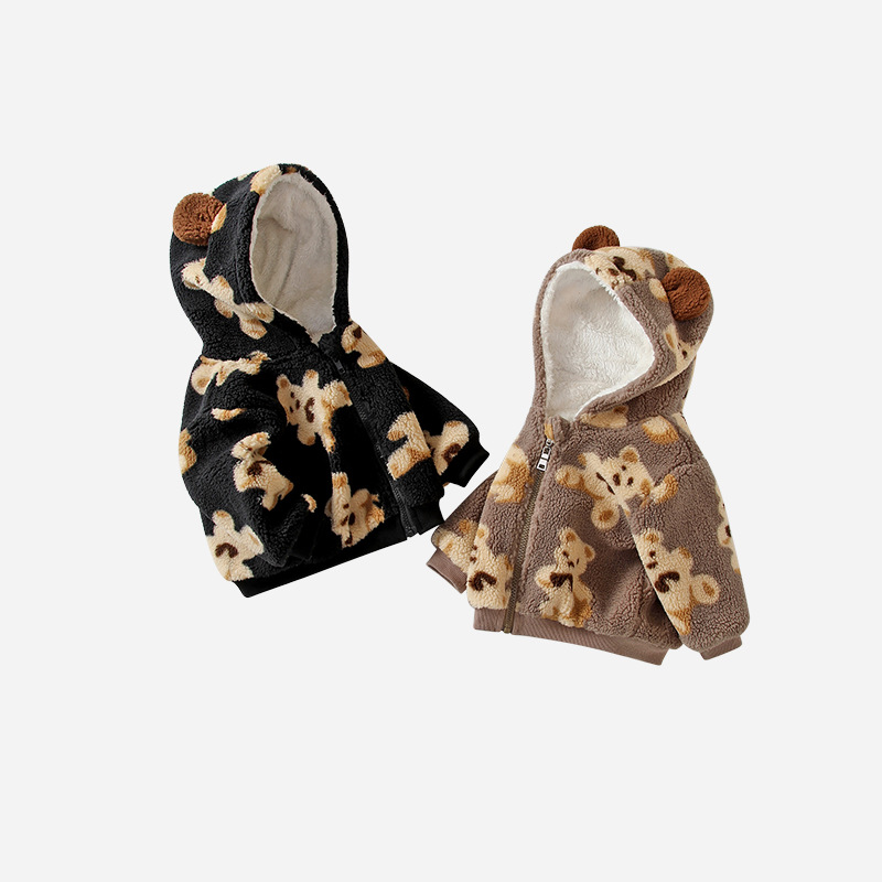 Picture of Children's Outwear Velvet Thickeneded Baby Warm Outing Clothes 2025 Autumn and Winter Cartoon Bear Hooded Baby Clothes