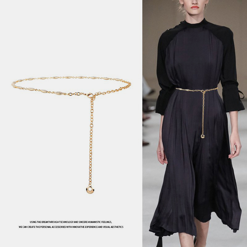 Korean-style High-end Metal Rhinestone Waist Chain for Women Decoration Summer Elegant Accessories dress Chanel Style Chain Belt