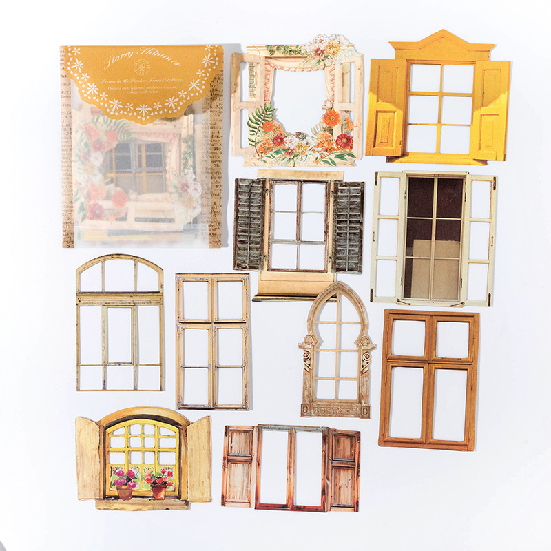 Picture of Momo Retro Cut Out Flower Window Mechanism Collage Card Stickers Dreamland in the Window Series Handbook Material Package 10 Sheets 6 Styles
