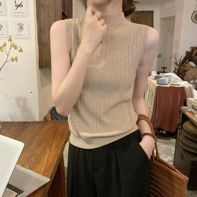 2024 French-style Half-high Neck Knitted Camisole Vest Women's Outer Wear Sleeveless Base Covering Paramilia for Summer