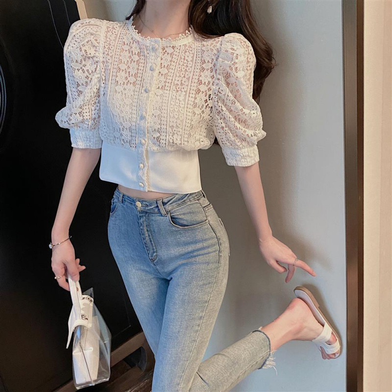 2025 Summer New Style Design Sense Shirt Puff Sleeve French Chic White