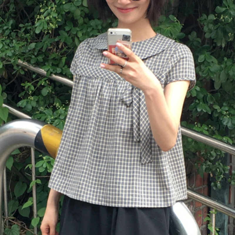 Korean Chic Summer Ghost Girl Retro Design Plaid Bow Doll Collar Shirt Short-Sleeved Top