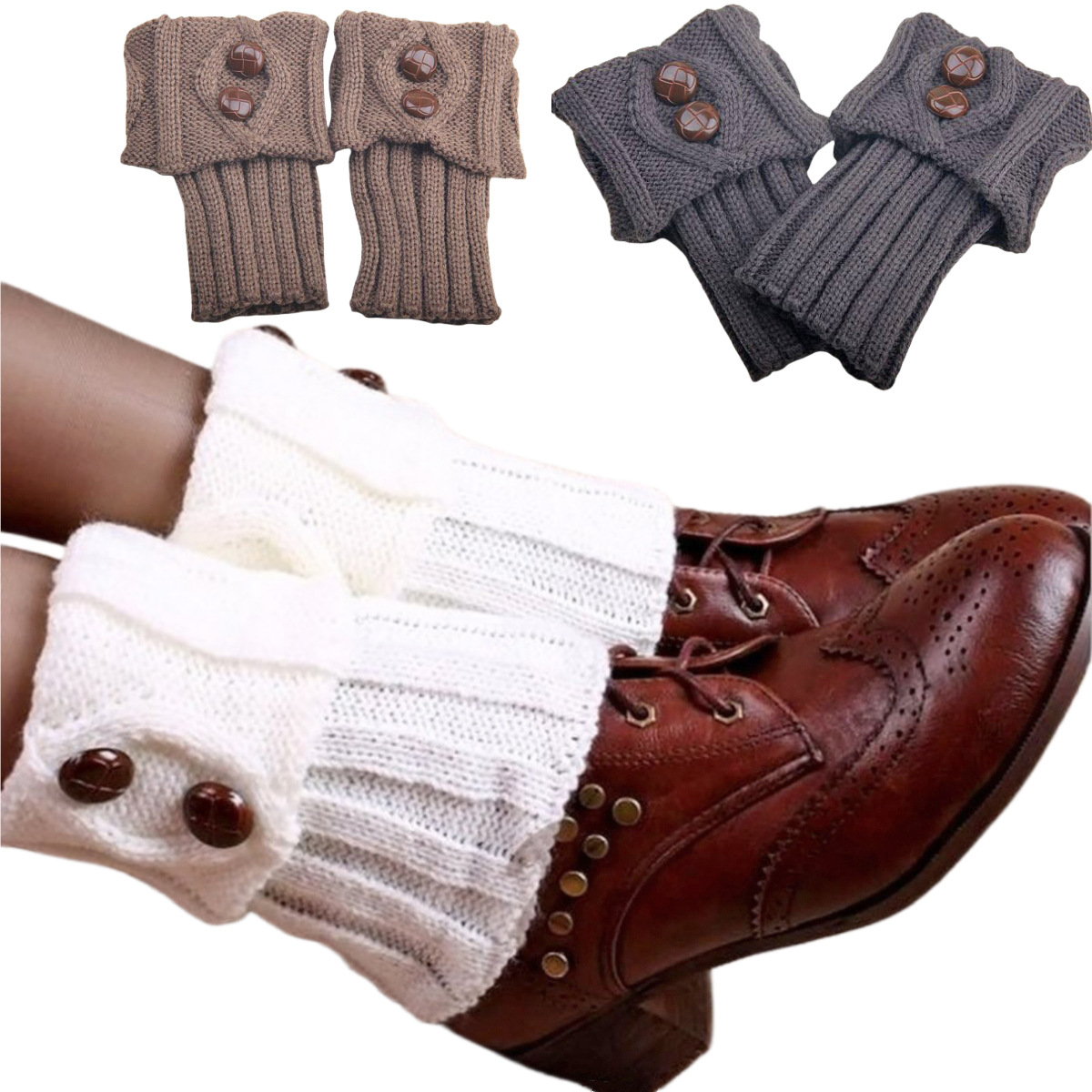 European and American women's autumn and winter new short diamond turn-over 2 buttons foot warmer knitted wool socks fashionable boots