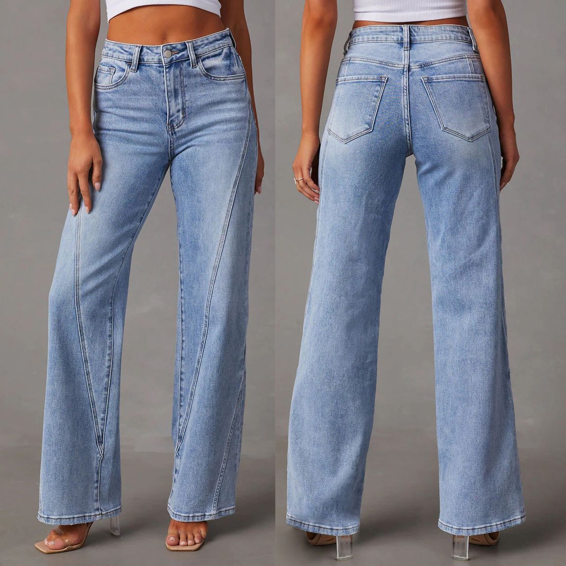 2023 European and American style cross-border Amazon new fashion loose stitching wide leg women's jeans women's 32149