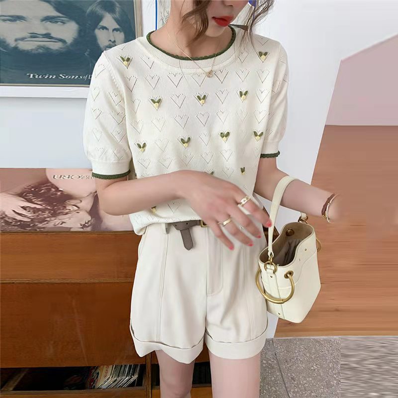 2021 Summer New Round Neck Embroidered Hollow Thin Sweater Top Women's Slimming Loose Short-sleeved Sweater T-shirt