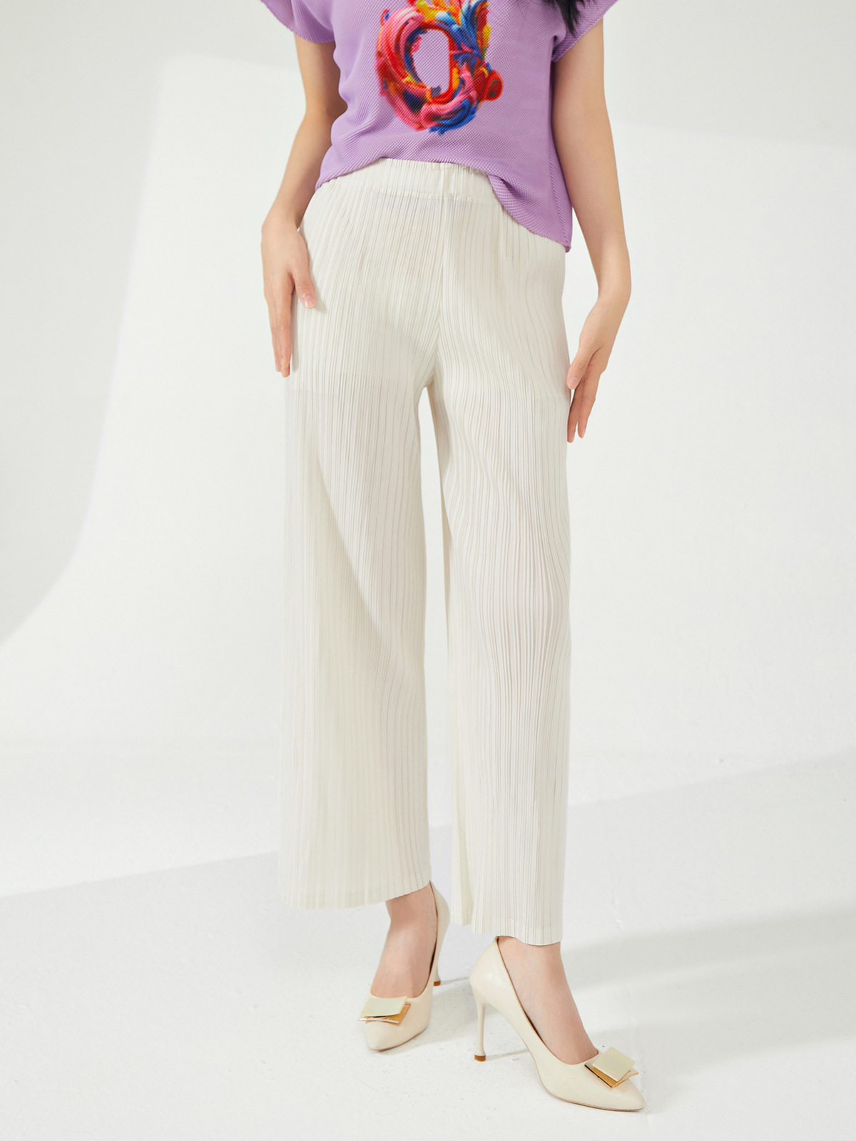 Miyake Counter Straight-Leg Pants for Women Summer New Elastic Waist Pure Color Nine-Point Versatile Pleated Pants Casual Pants Thin Section