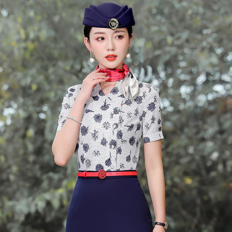 Picture of Factory New Summer Fashion Work Shirt Women's Short-Sleeved Printed Retro Stewardess Professional Shirt Hotel Meal Source Factory