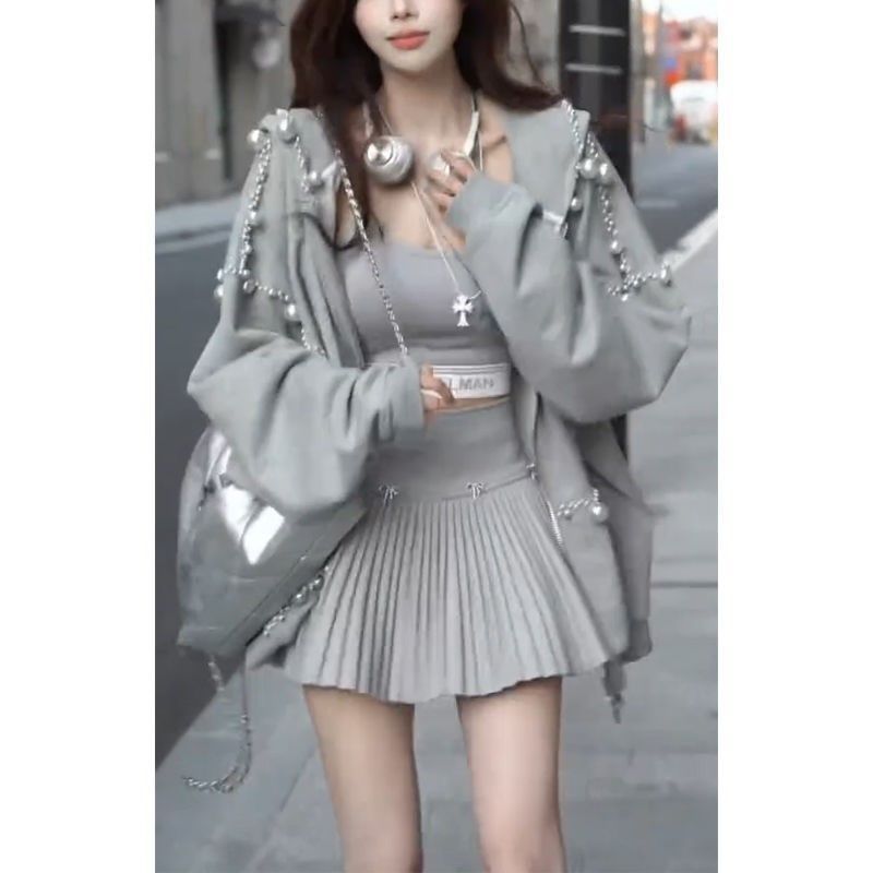2025 Heavy Weight Hooded Gray Jacket New Trendy Pearl Lazy Style Wide Bow Pleated Skirt Two