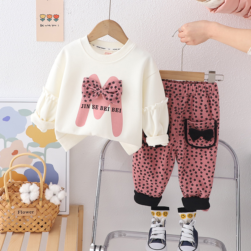 Picture of Korean style spring fashion baby fried street spring clothes idea big bow long sleeve suit trendy girls' long sleeve two-piece suit