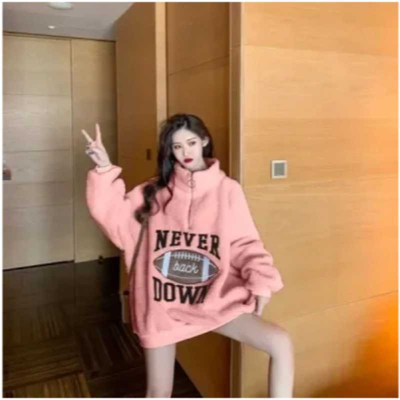 Picture of Lamb Plush Sweatshirt Women's Autumn and Winter Korean-style All-match fleece-lined Thickened Loose Mid-length Student Coat Ins Trendy