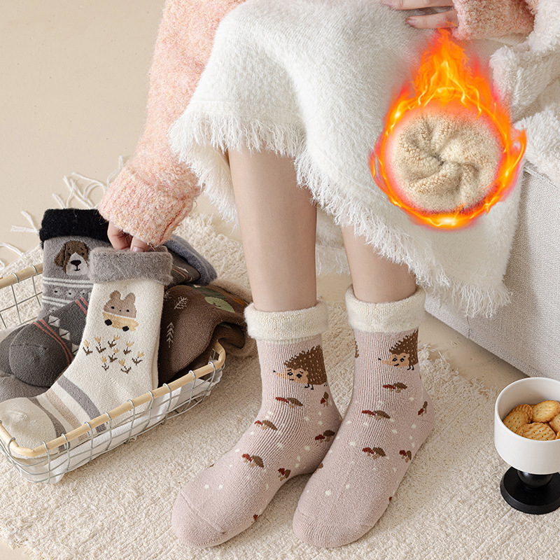 Not afraid of the cold! Winter Thickened Cold-Resistant Warm Loop Brush Socks Cartoon Mid-Tube Socks Folding Socks Women's Socks