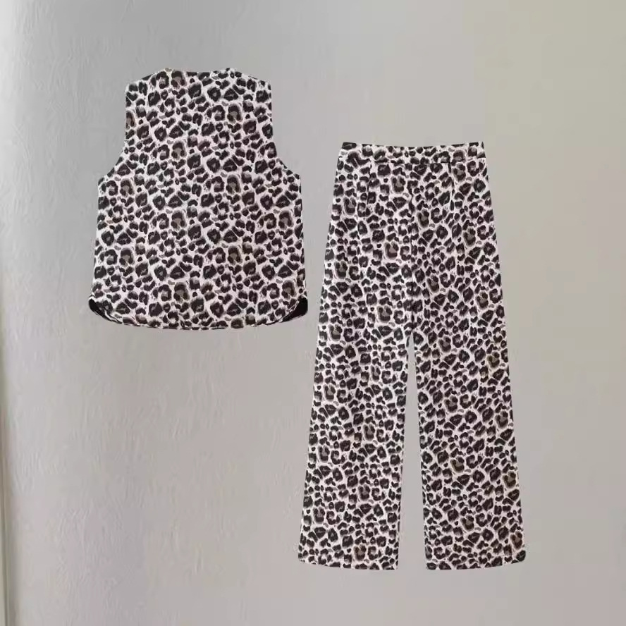 Cross-border foreign trade leopard print V-neck cardigan vest high waist straight trousers printed suit European and American women's 2024 new