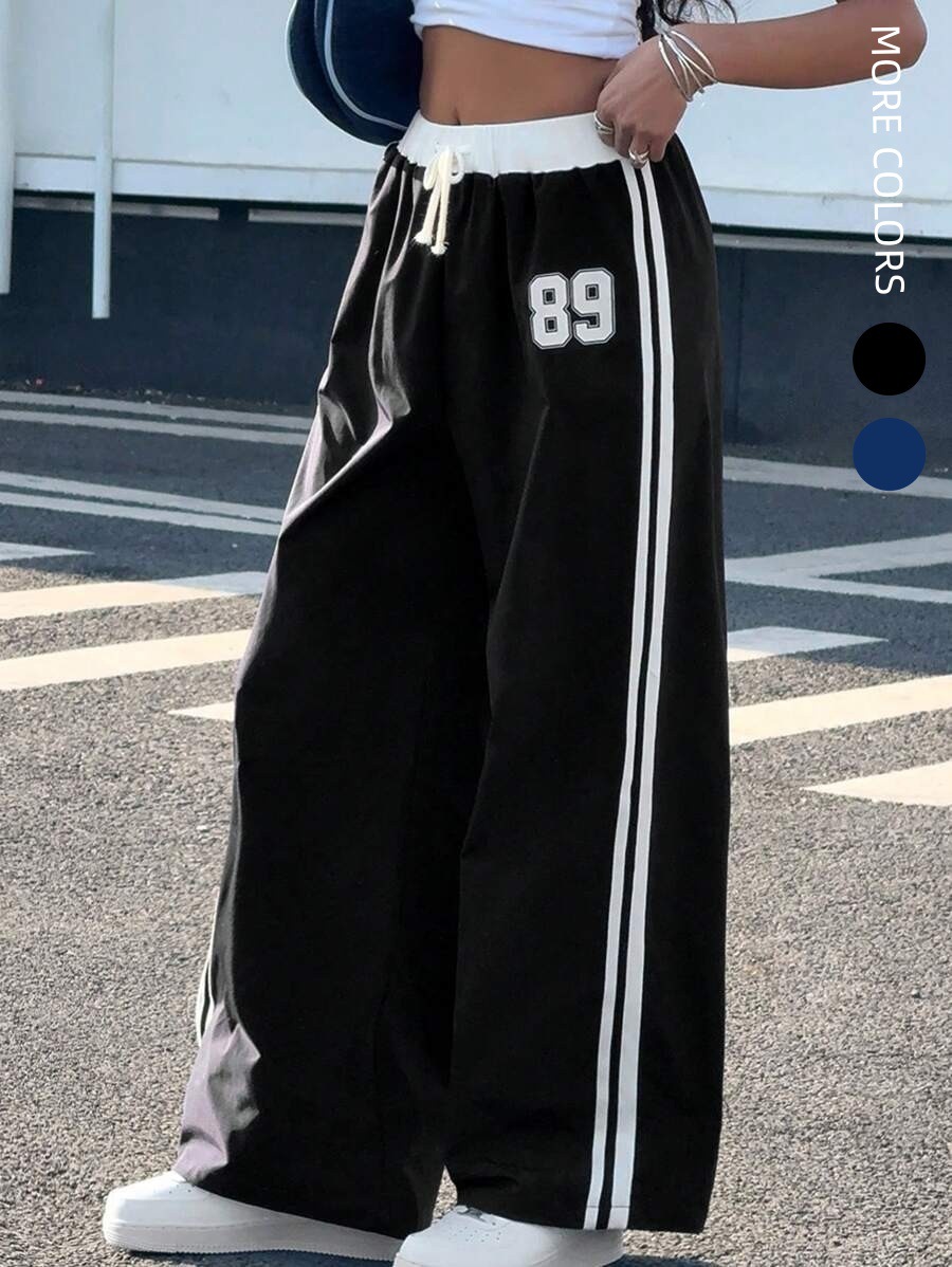 Cross-border European and American 2025 spring/summer new high-waisted drapey loose straight-leg wide-leg casual pants, drawstring color-block long pants