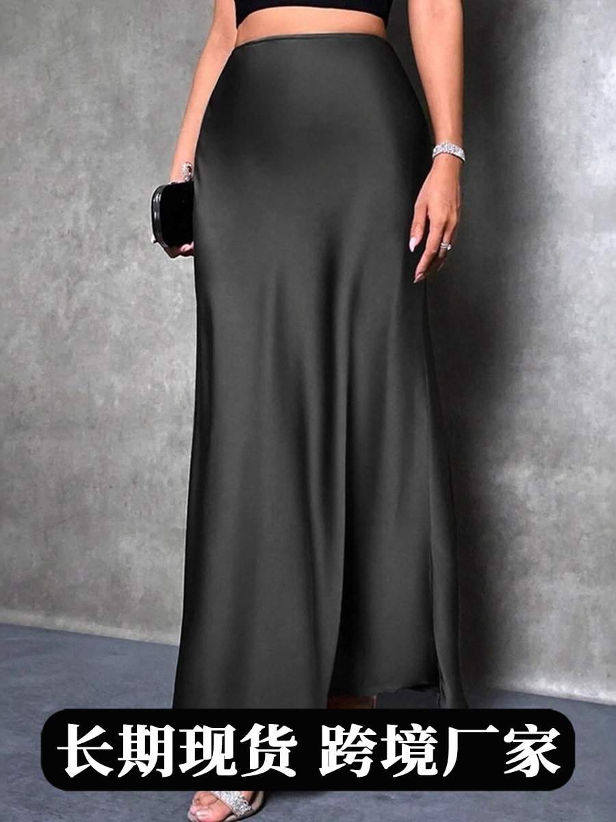 Foreign Trade Cross-Border Satin Skirt Spring and Summer New European and American Amazon Simple Imitation Silk Long Skirt Women's Clothing