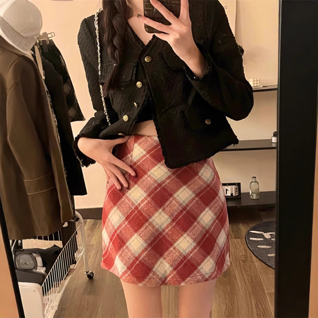 plus size Vintage Plaid Wool Skirt Women's Spring Autumn and Winter chubby girl High Waist A- Line Slimming Seaweed Plaid Skirt