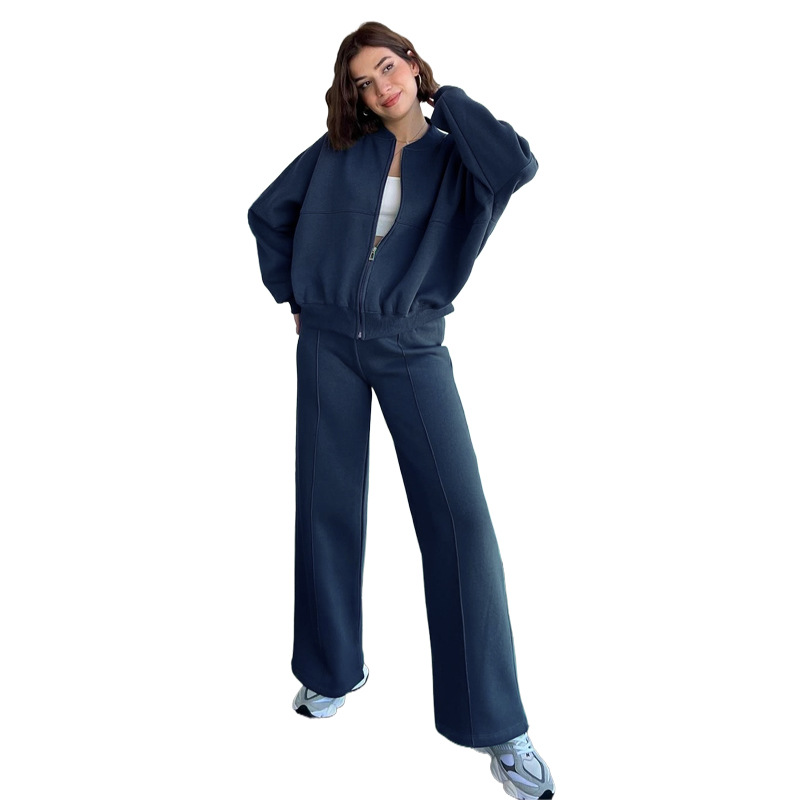 Picture of 211348 autumn and winter new cross-border European and American solid color zipper cardigan sweater women's fashion casual straight pants suit