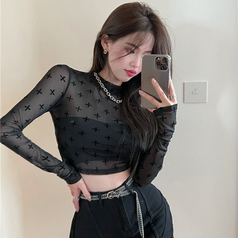 Short Sun Protection Base Layer Shirt for Women, Spring and Summer Long-Sleeve T-Shirt, Layered with Mesh, Tight-Fitting Inner Wear, Trendy Top, Versatile