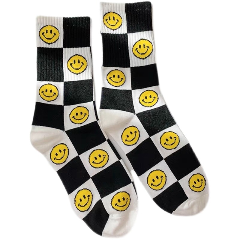 Socks Women's Spring and Summer Mid-tube ins Trendy Color Lattice Smiley Socks Autumn and Winter Korean Style Distinctive Contrast Color Checkerboard Mid-tube Socks