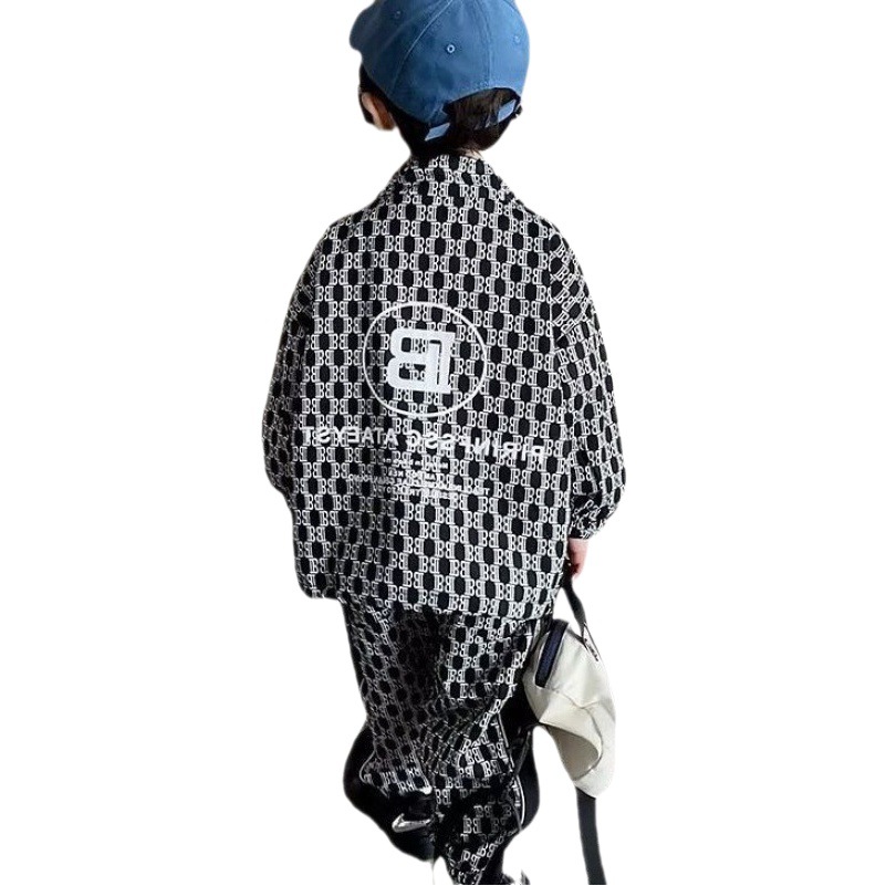 Boys' Checkerboard suit 2023 Spring and Autumn Korean Style New Children's Coat Clothes Baby Handsome Two-Piece Fashionable