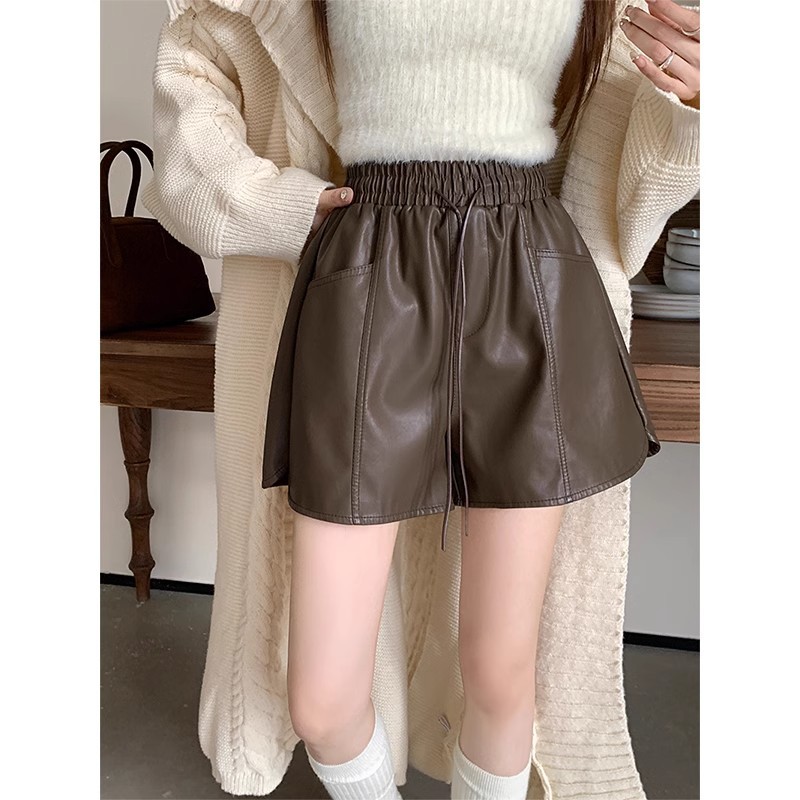 Brown Pu Leather Shorts for Women 2025 New Autum High-Waisted Slim Versatile Loose Drawstring Wide-Leg Casual Shorts