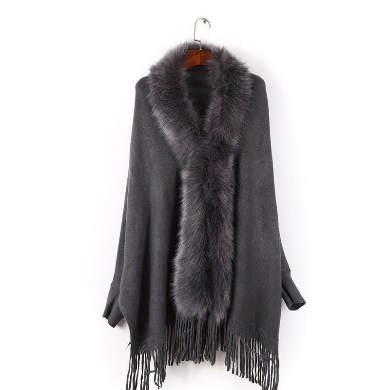Picture of Autumn and Winter New Fashion Women's Cape Cardigan Artificial Fur Solid Color Sleeve Long Tassel Hem Cape Wholesale