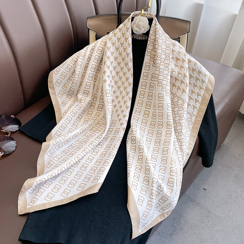 2024 Houndstooth Fashionable All-match Large Square Scarf Scarf Scarf Outer Sunscreen Shawl Silk Scarf Women's Artistic Age Reduction