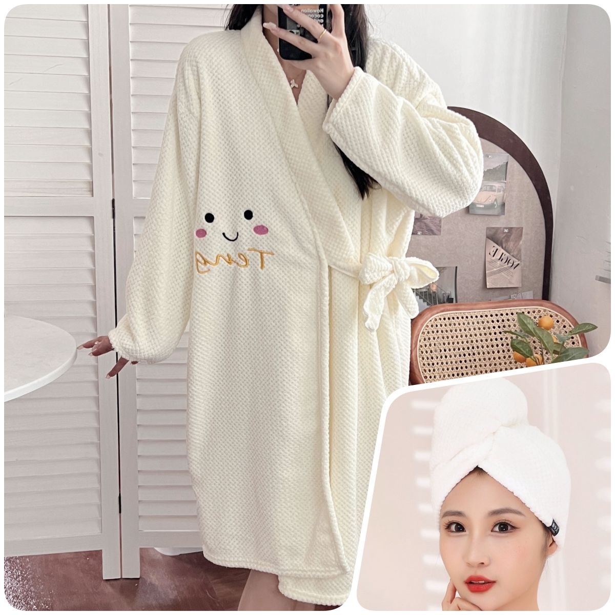 Picture of New wearable bath skirt bathrobe thickened absorbent pineapple Plaid coral velvet home hotel smiley face long sleeve thickened plus size