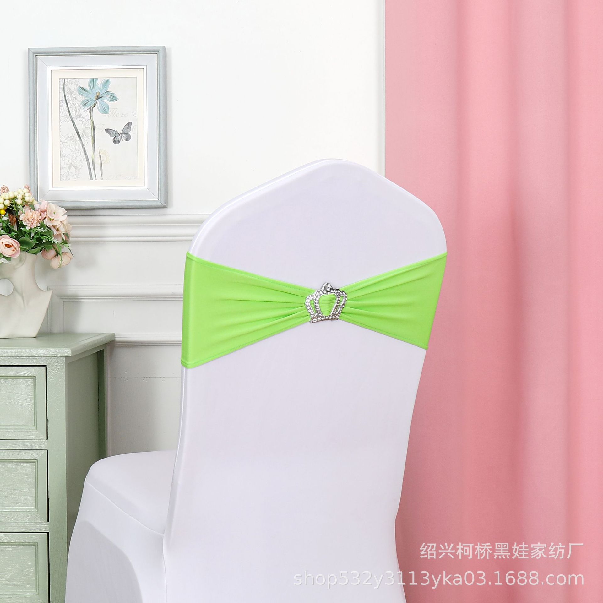 Picture of Chair Back Flower Bow Crown Diamond Buckle Elastic Banquet Chair Set Decoration Free Wedding Strap Ribbon Wedding Ribbon