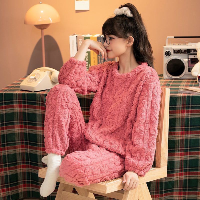 Fleece-lined thickened pajamas women's winter coral fleece fairy jacquard warm suit loose plus size casual pants home wear
