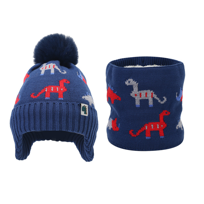 Picture of Cross-border Winter Children's Jacquard dinosaur fleece-lined knitted hat scarf suit boys' ear protection wool hat two-piece set