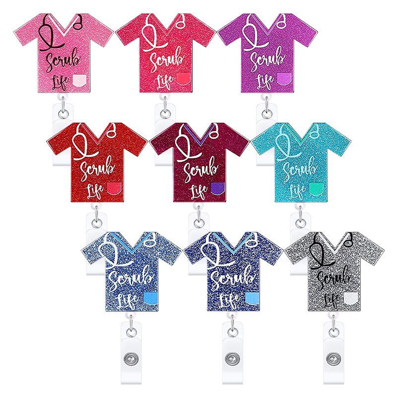 Cartoon Glitter Sand Acrylic Stethoscope Nurse Short Sleeve Retractable Rotating Easy-to-Pull Alligator Clip ID Buckle