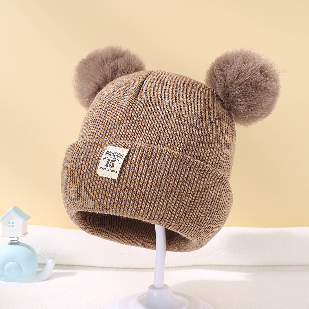 New Acrylic Pure Color Wool Kidsren's Double Ball Hat in Stock Autumn and Winter Baby Pullover Cloth Label Knitted Hat
