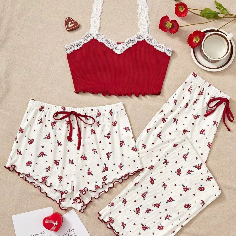 2024 New Pajamas Women's Spring and Summer Sweet and Cute Three-Piece Set Sling Shorts Trousers Sexy Home Wear