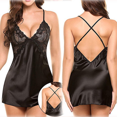 European and American New Sexy Lingerie, Sexy Women's Imitation Silk Nightgown, Sexy Suit, Cute Women's Home Clothes Wholesale