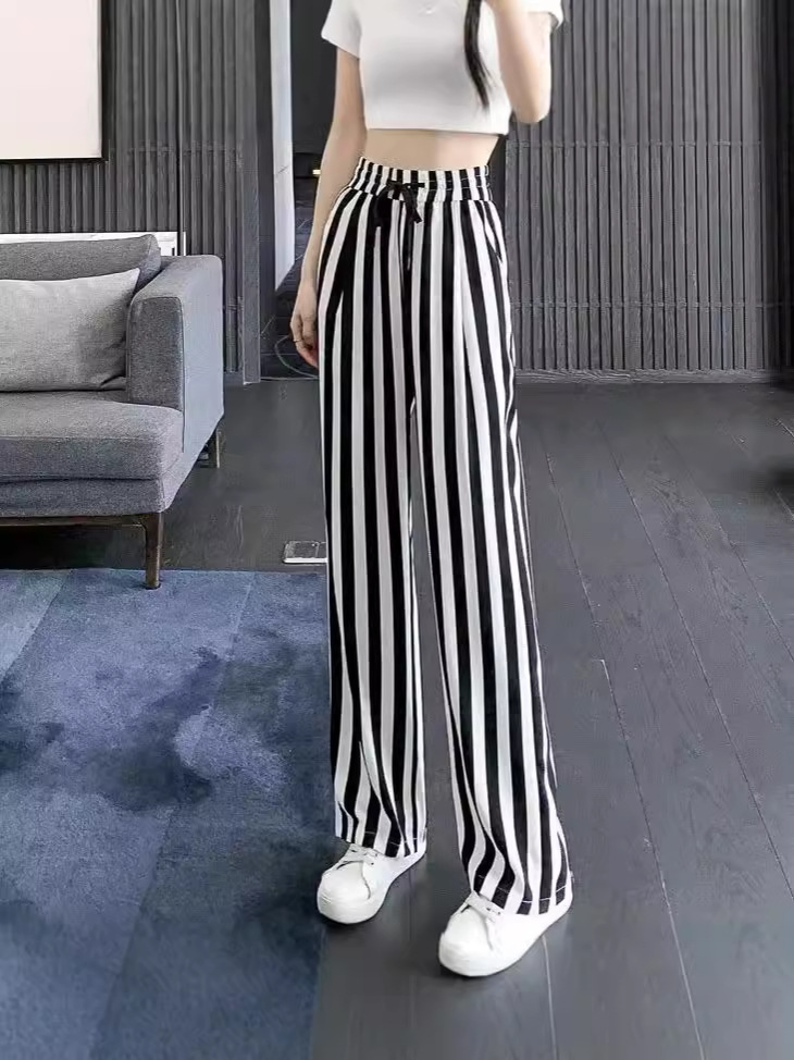Ice Silk Wide Leg Pants Women's Summer Thin High Waist Draping Loose Women's Pants Black and White Vertical Stripe Sports Casual Straight Pants