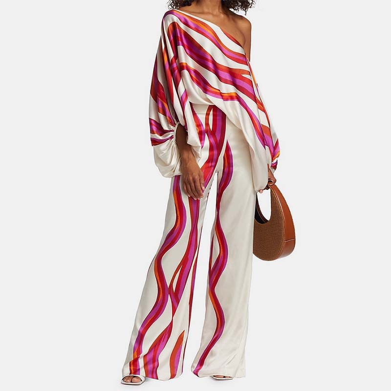 2025 Spring New Suit European and American Women's Printed Round Neck Loose Bat Sleeve Waist Wide Leg Pants Fashion Suit