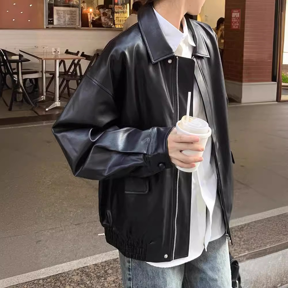 Picture of Brown Imitation Leather Jacket Women's Hong Kong Style 2024 New Autumn Loose American Style Retro Motorcycle Jacket Top