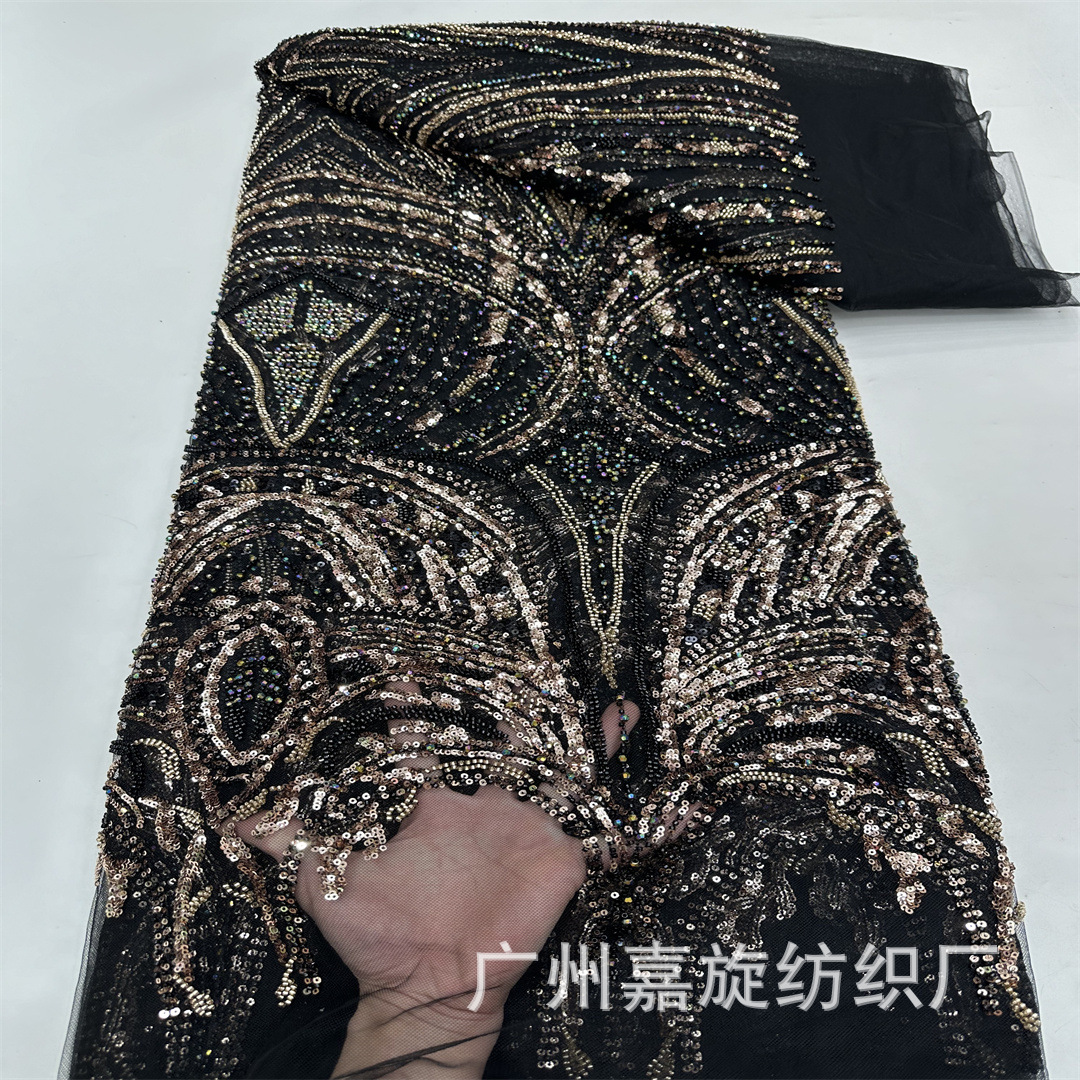 Black Gold Exotic Style Gorgeous Bead Tube Sequin Embroidered Wedding Dress Skirt Fabric Multi-Color Diamond Beaded Mesh Embroidered Cloth