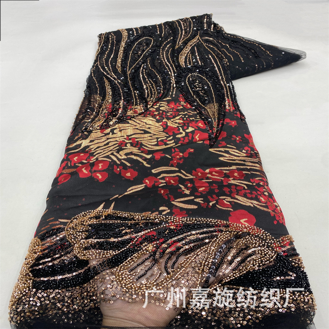New Niche Fashion Mesh Embroidery Hot Stamping Jacquard Sequin Bead Tube Fabric Ethnic Fashion Stage Performance Clothing Fabric