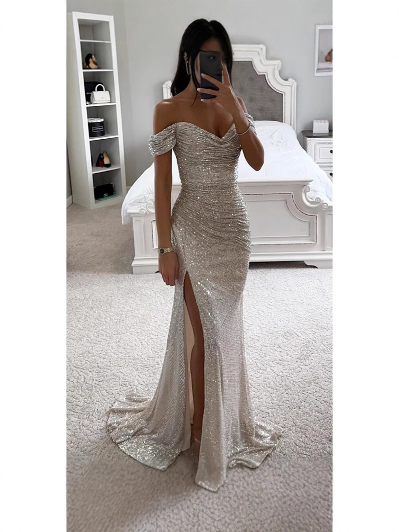 Picture of Cross-border Hot Selling Foreign Trade Women's Clothing Independent Station Polyester Sexy Fine Away Fork Ball Dress Sequin dress New Product