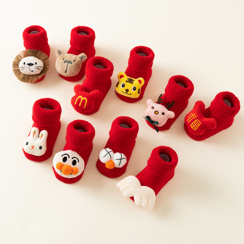 Picture of Newborn baby socks autumn and winter baby warm fleece-lined red terry non-slip Christmas floor socks toddler socks wholesale