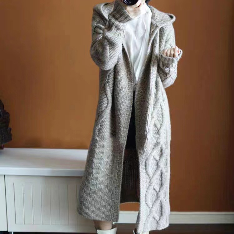 South Korea Chic Explosions Sweater Coat Women's Long Lazy Style Loose Cardigan Hooded Twist Thickened Thick Sweater