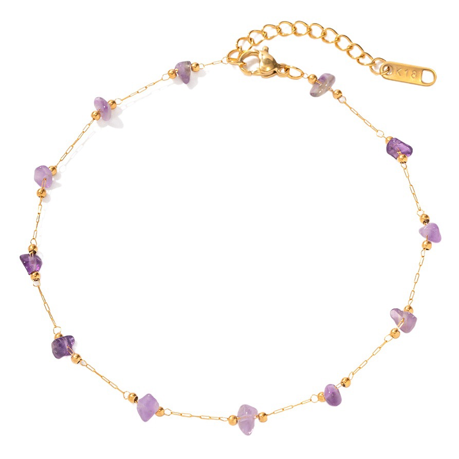 18K gold stainless steel purple natural stone gravel anklet European and American popular retro fashion commuter summer jewelry for women