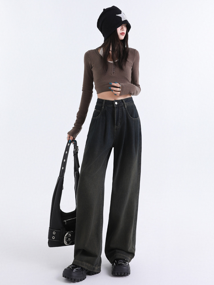 Shascullfites American Style Retro Gradient Cement Grey Loose Slim Sag Wide Leg Floor Jeans for Women